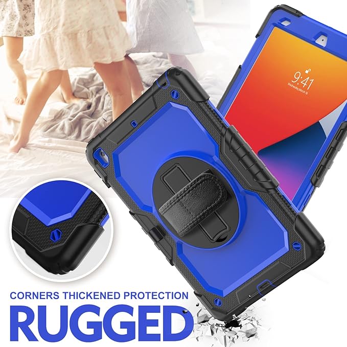 BLOSOMEET Case for iPad 8th 9th Generation 2020 2021 10.2 Inch with Tempered Glass Screen Protector & Pencil Holder,Rugged iPad 7th Gen 10.2 Case Cover 2019 w/Stand Hand Shoulder Strap,Blue