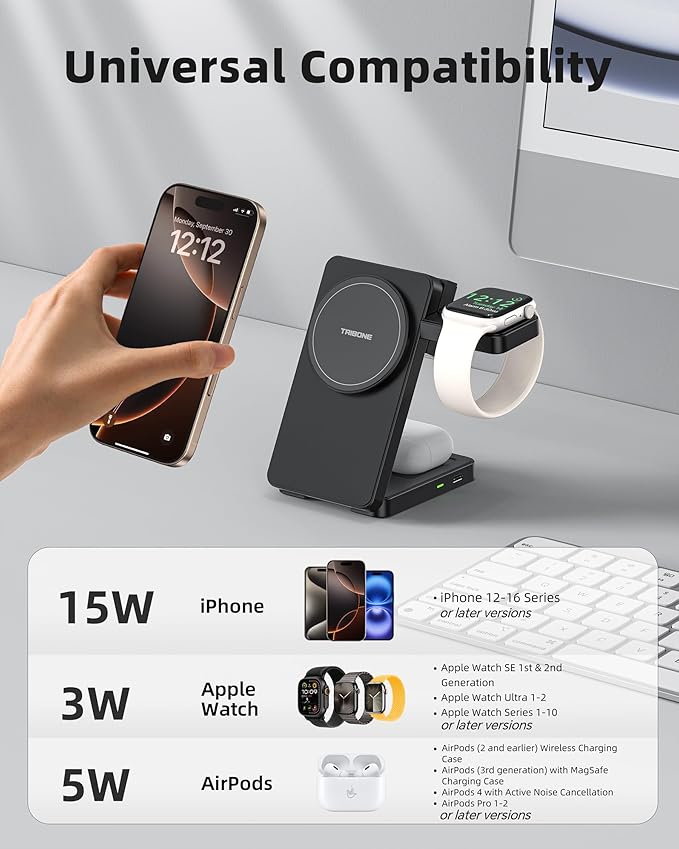 3 in 1 Charging Station for iPhone 16 15 14 13 12 Series, Wireless Charger for Apple Watch,Travel Magnetic Charging Stand for AirPods (Black)
