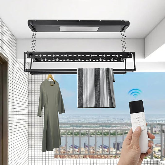 banborba Electric Retractable Airing Rack, Ceiling Mounted Clothes Drying Rack, Retractable Clothesline, Vertical Laundry Drying Rod with LED Light & Remote, 110V 24W, Black