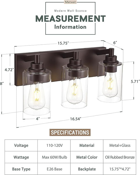 METWET 3-Light Bathroom Light Fixtures, Modern Vanity Light with Cylinder Clear Glass Shade, Vanity Lighting Fixtures Over Mirror, Oil Rubbed Bronze, VL143-ORB-3