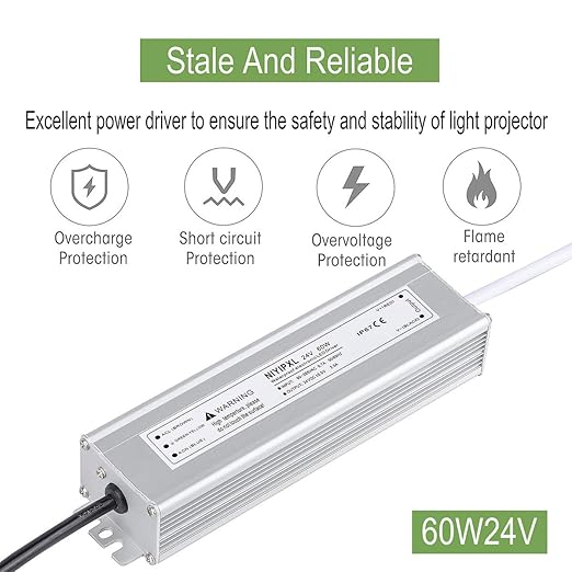 LED Driver 60 Watts 24V DC Low Voltage Transformer, Waterproof IP67 LED Power Supply, Adapter with 3-Prong Plug 3.3 Feet Cable for Any 24V DC led Lights, Computer Project, Outdoor Light