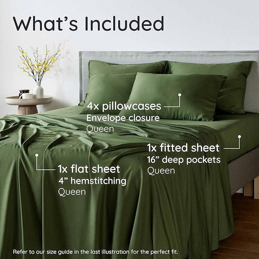 Bambaw 100% Viscose Derived from Bamboo Queen Sheet Set 6 Piece, Queen Size Cooling Sheets for Hot Sleepers, Super Soft Sheets, Deep Pockets Fits Up to 16'' Mattresses (Olive)
