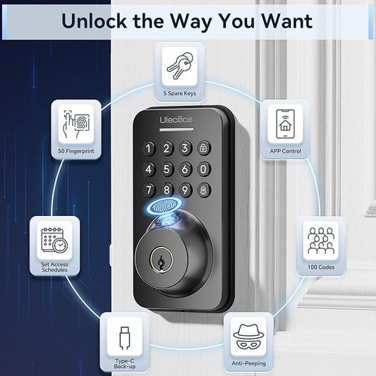 Ulecoce Fingerprint Keypad Deadbolt with Handle Set, Keyless Entry Door Lock, Door Locks for Front Door Lock Set, App Control, Auto Locking, Easy to Install, Matte Black