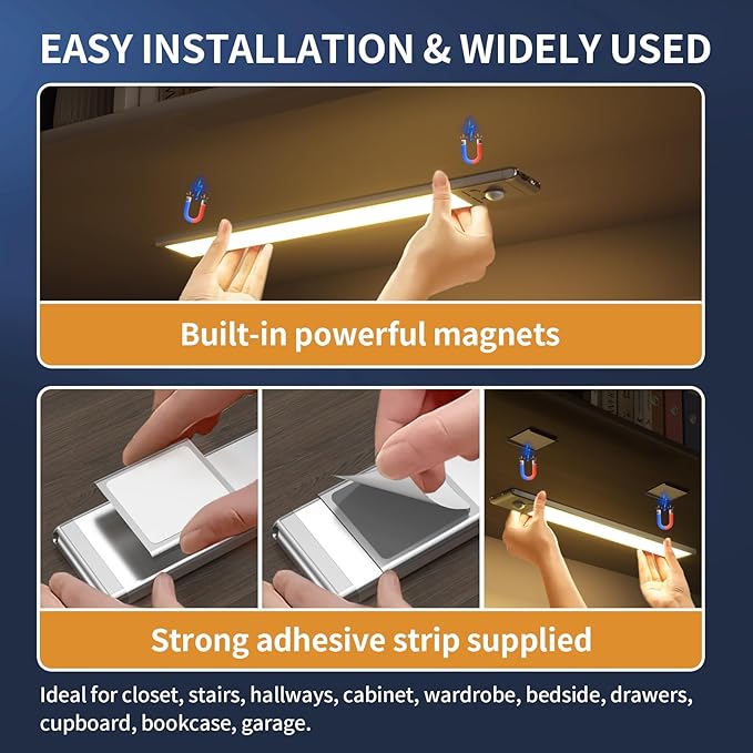 Under Cabinet Lights,88 LED Operated Motion Sensor Light Indoor,2200mAh USB Rechargeable Closet Lights, 4 Pack Magnetic Dimmable Closet Lights,Wireless Under Counter Lights for Kitchen, Stairs
