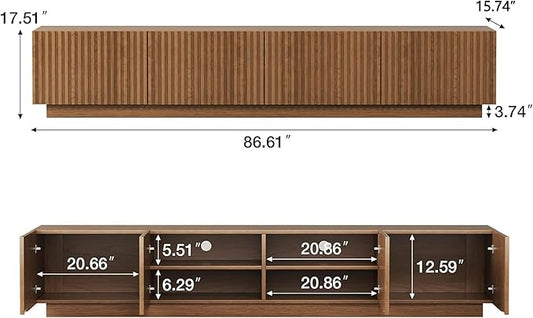 86.61" Mid-Century Modern TV Stand, Walnut Entertainment Center with 4 Doors & Adjustable Shelves, Large Wooden Media Console Cabinet for Living Room & Bedroom, Sturdy & Easy Assembly,Walnut