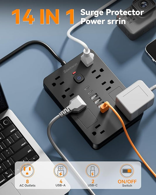 Bawmwim Surge Protector Power Strip - 8 Outlets(1850W/15A) with 6 USB Ports(2 USB C, 6FT Flat Plug Extension Cord, Wall Mount Multi Plug Outlet Extender, ETL Listed for Home, Dorm Room, Black