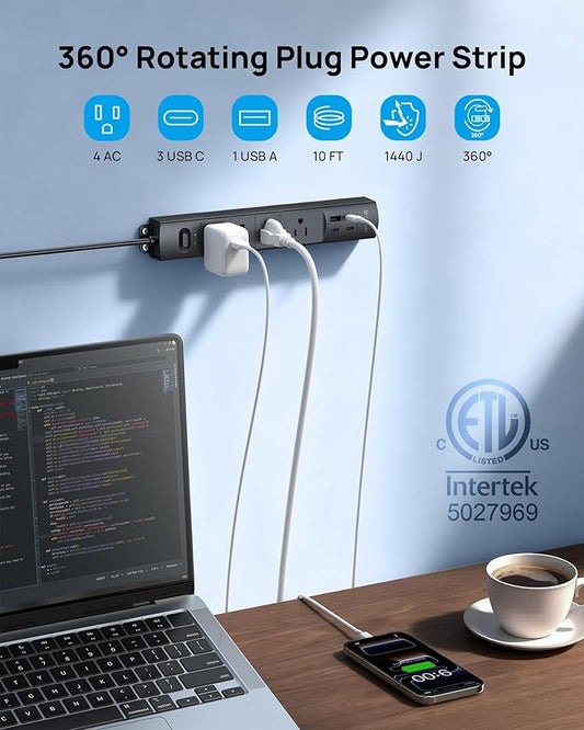 TROND 360° Rotating Plug Surge Protector, Power Strip with USB Ports, 3 USB C and 1 USB A, 1440 Joules, ETL Listed, 1625W, Wall Outlet Extender, 10ft Extension Cord for Home Office Dorm, Black