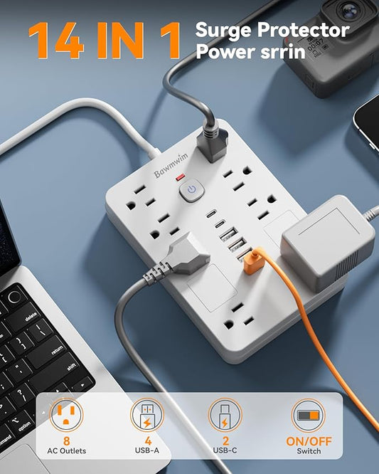 Bawmwim Surge Protector Power Strip - 8 Outlets(1850W/15A) with 6 USB Ports(2 USB C, 6FT Flat Plug Extension Cord, Wall Mount Multi Plug Outlet Extender, ETL Listed for Home, Dorm Room, White