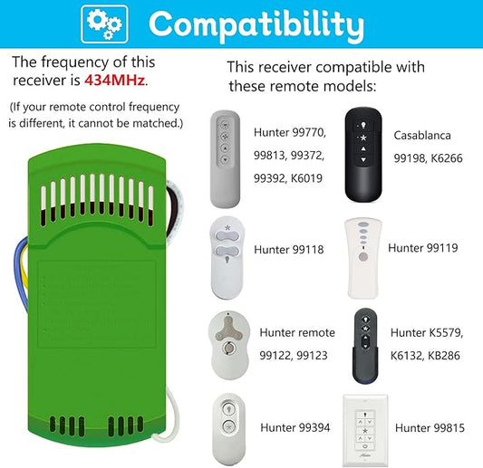 Universal Ceiling Fan Remote Control Receiver for Hunter Ceiling Fan, Compatible with Hunter 99770 99813 99392 99118 99122 99123 99119, 3 Speeds Control, 434MHz (Receiver only)