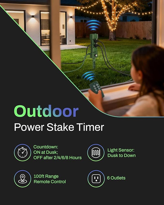 BN-LINK Outdoor Power Stake Timer, 100FT Wireless Remote Control, Dusk to Dawn Sensor for Outdoor Lights, 6 Grounded Outlets, 6ft Extension Cord, 1875W/15A,Christmas Decorations, ETL Listed