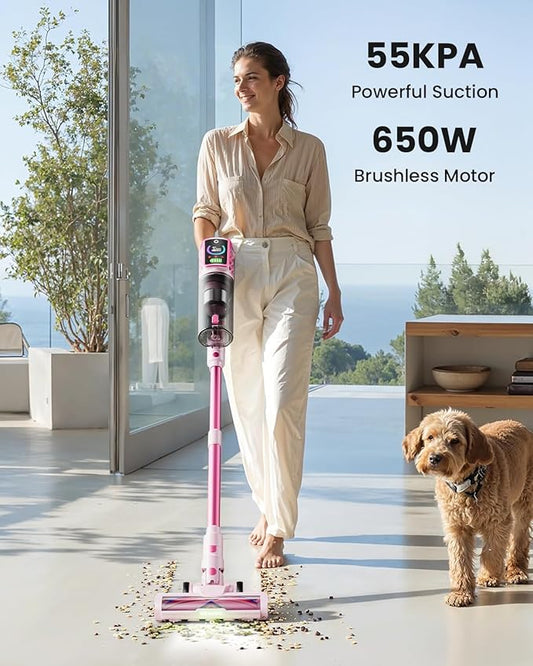 Cordless Vacuum Cleaner,55KPa 650W 65Mins Vacuum Cleaners for Home,Stick Vacuum with LED Display &Anti-tangle Brush and Self-Standing Design,Vacuum Cleaner for Hardwood Floors,Carpet,Pet Hair(Pink)
