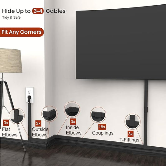 Black Cord Hider Cable Raceway - 315in Wire Cover for Cords, Hide Wires, Cord Covers for Wall Mounted TV, Cable Hider Wall Kit, Large Conduit Channel