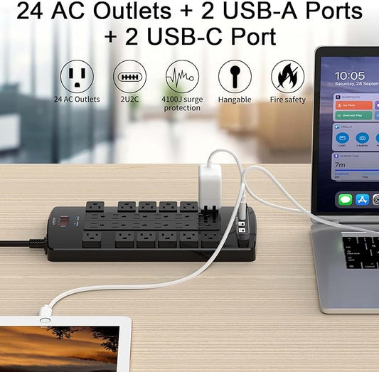 QINLIANF Surge Protector Power Strip - 10Ft Flat Plug Heavy Duty Extension Cord with 24 Outlets and 4 USB Ports(2 USB-C Ports), 1875W/15A, 4100J, for Home, Office, Dorm, ETL Listed, Black