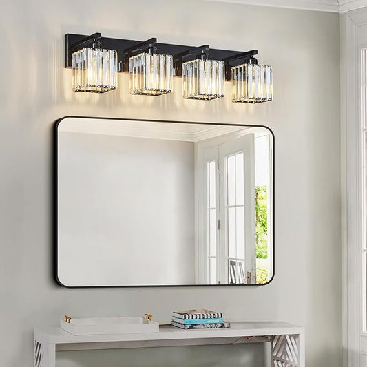 FDPBY Modern Bathroom Vanity Light 4-Lights Plating Black Crystal Bathroom Wall Light Vanity Light Fixtures