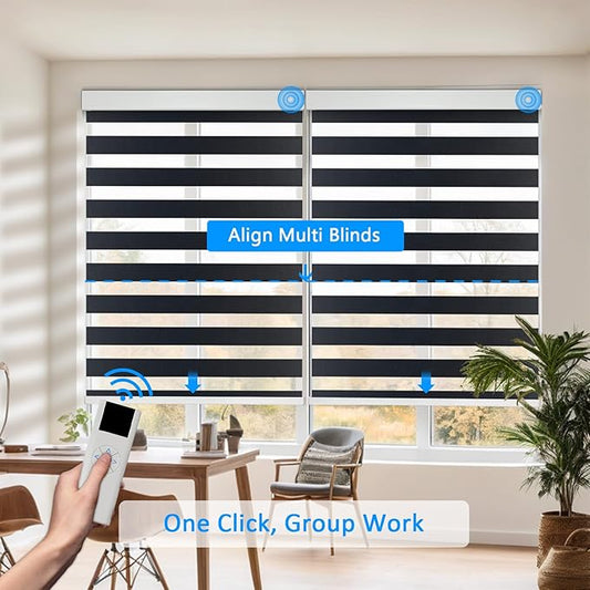 COOLWINDS Motorized Zebra Blinds for Windows Cordless Electric Curtains with Remote Control Blackout Shades Custom Smart Blinds Compatible with Alexa Google Home(Light Filtering Black,W53 X 72in)