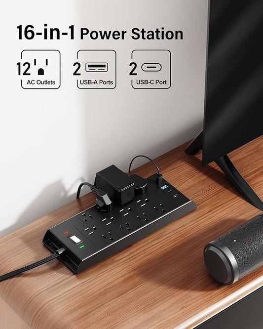 Surge Protector Power Strip 4800J, LeZone 25Ft Long Extension Cord Flat Plug, 12 Outlets 2 USB C 2 USB Ports, Wall Mountable, Desk Charging Station, Black