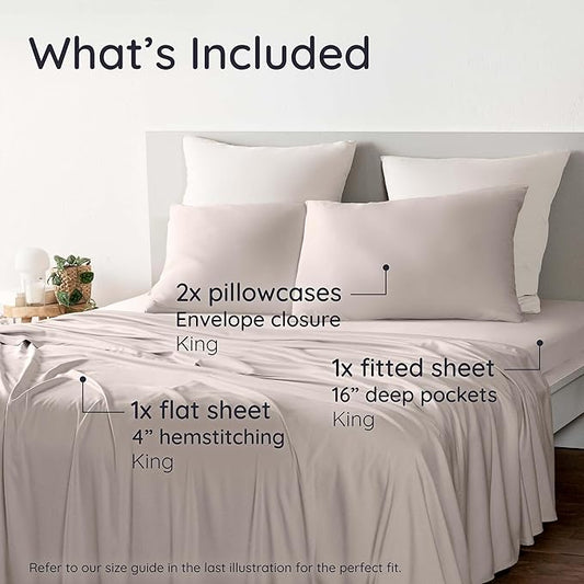 Bambaw 100% Viscose Derived from Bamboo Sheets King Size Set – 4pcs Luxury Bed Sheet Set, Best Cooling Sheets for Hot Sleepers, Soft & Breathable, Fits Up to 16'' Deep Pocket (Sand)