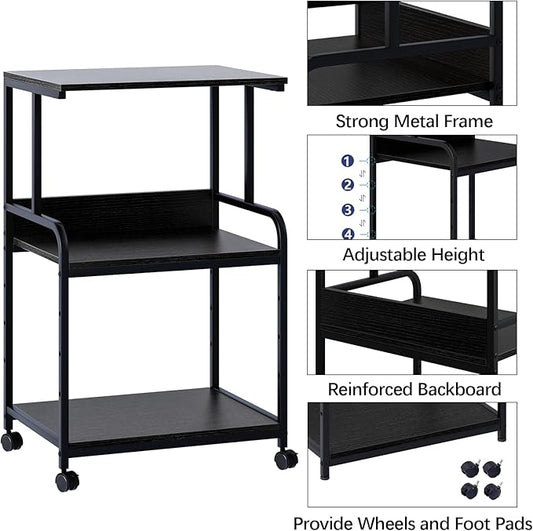 Arbuxzuy Printer Stand with Storage Shelf,3 Tier Printer Cart with Wheels,Mobile Printer Table for Home Office,Stands for Heat Press Scanner Fax,Industrial Style (Black)