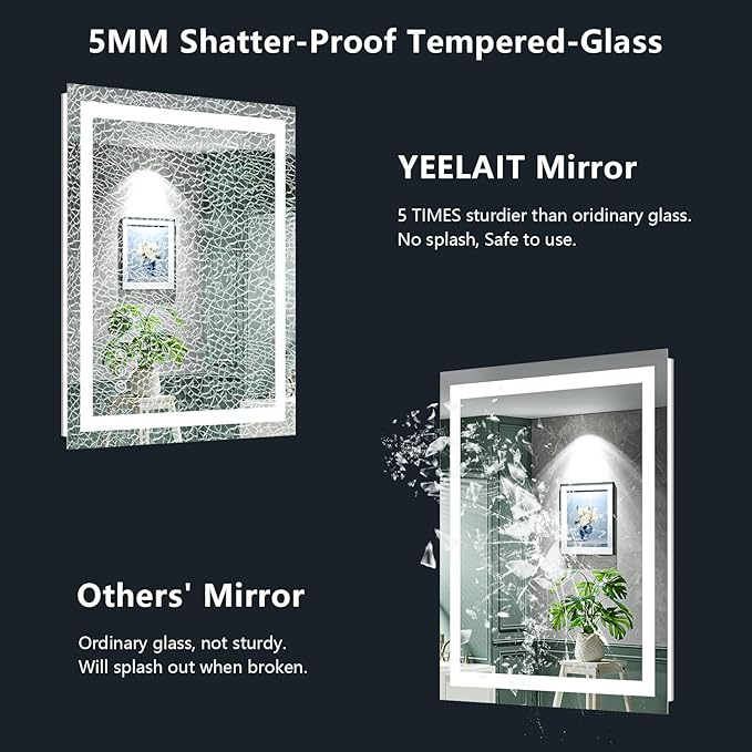 YEELAIT 20x28 Inch LED Bathroom Mirror with Lights Front and Backlit Lighted Vanity Mirror for Bathroom Wall with 3 Colors Dimmable Anti-Fog Memory Shatter-Proof IP54 Waterproof Horizontal/Vertical