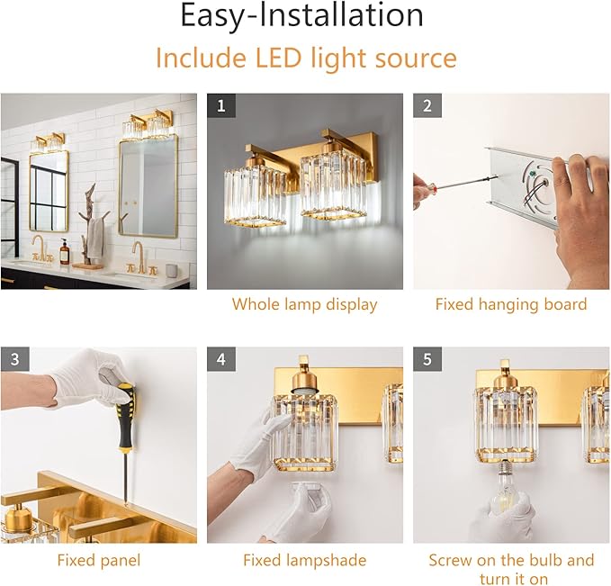 FDPBY Modern Bathroom Vanity Light 2-Lights Gold Crystal Bathroom Wall Light Vanity Light Fixtures,12.59-inch Modern Minimalist Design
