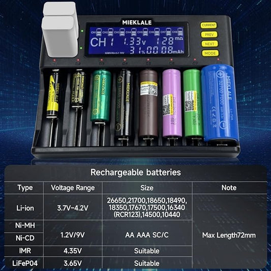 18650 Battery Charger, MIEKLALE 8+2 Bays Smart Universal Battery Charger with LCD Display for Rechargeable Batteries Li-ion LiFePO4 RCR123 16340 26650 10440 14500 & 9V, NiMH NiCd AAA AA(8+2Slots)