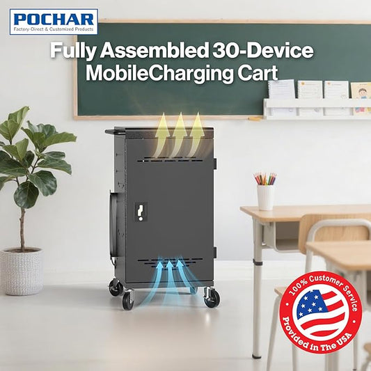 Fully Assembled 30 Unit Device Charging Station for Chromebook, iPad, 14'' Laptop - Charging Cart with Charger Cable Management, Circuit Breaker, Grounding Protection