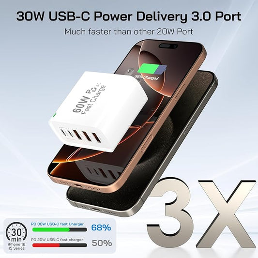 2Pack USB C Fast Charger Block, Total 60W 5-Port USB C Wall Charger with 6.6FT USBC to USBC Cord, 2USB C+3USB A PD 3.0 Multiport Charging Cube for iPhone 17 16 15 Pro Max, G-alaxy S25 S24 Ultra, i Pad