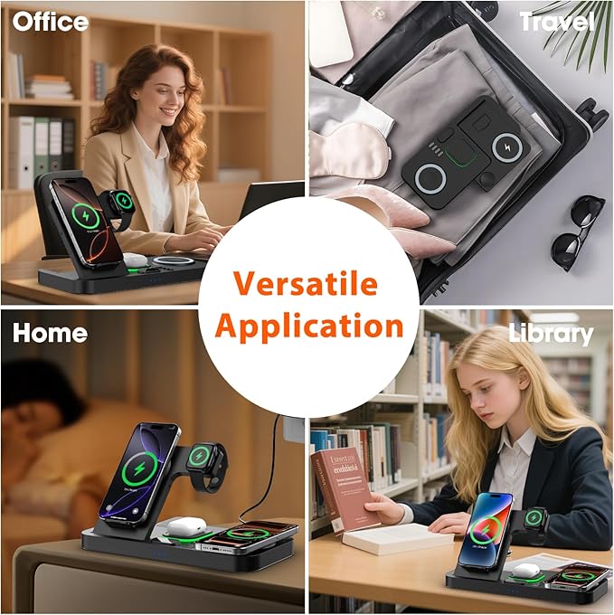 Dual Phone Magnetic Wireless Charging Station for Apple Devices/Apple Ecosystem,with Auto-Switch 7-Color Light & Clock, Compatible with iPhone 17/16/15, for iWatch 11/10/9 & AirPods Pro3(Black