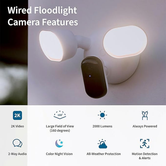 Arlo Wired Floodlight Camera, Home Security Camera with 2K Video and HDR, 2000 Lumens, Integrated Siren, Weather-Resistant, Color Night Vision, 160º Field of View, 2-Way Audio, White (2025)