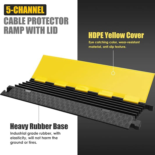 OranLite Rubber Cable Protector Ramp, Heavy Floor Cable Wire Cord Cover Speed Bumps 22000Lbs Load Capacity, Driveway Hose Cable Ramp Protective Cover for Indoor and Outdoor (5-Channel x 2Pcs)