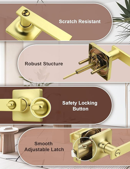 Mengico 8 Pack Gold Privacy Lever Door Handle Interior with Lock, Heavy Duty Square Door Lock for Bed/Bath, Keyless Door Locksets, Reversible for Left Right Handed Doors