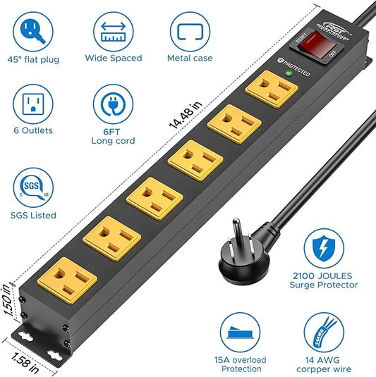 CRST 6 Outlet Surge Protector Power Strip 2100J with Switch, 15A/1875W Metal Heavy Duty Power Strip, Wide Spaced Wall Mount Power Bar for Garage Workshop Home School, 6 FT Cord( Black+Yellow)