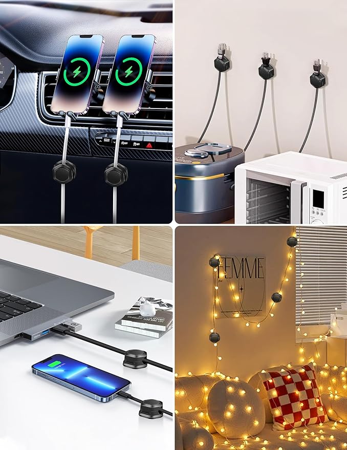 Cord Holder - Cable Clips - Cord Organizer for Desk - Cord Holder for Nightstand - for Desk, Nightstand, Phone Charger, Computer, Home, Office, Car(12pcs)