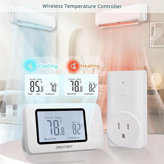 DIGITEN Wireless Thermostat WTC100 Pro Temperature Controller for Cooling & Heating, Remote Controlled Outlet, Easy-to-Use and Non-Programmable Plug in Thermostats for Home