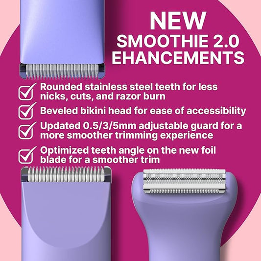HAPPY CURVES Smoothie 2.0 Bikini Trimmer - Electric Razor for Women, Waterproof Hair Groomer with Adjustable Guards, Personal Shaver for Pubic Hair, Ladies Intimate Shaver and Body Trimmer (Guava)