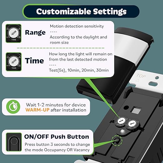 TOPGREENER PIR Motion Sensor Light Switch, Occupancy & Vacancy Motion Sensor Switch, ๐๐ฉ๐๐ซ๐๐๐ฅ๐ ๐๐ข๐ญ๐ก๐จ๐ฎ๐ญ ๐๐ซ๐จ๐ฎ๐ง๐ ๐๐ข๐ซ๐, No Neutral Wire, TDOS5-HL-BK-6PCS, Black