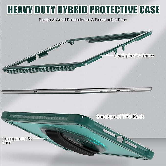 ZenRich Clear Case for iPad 9th/8th/7th Generation 10.2 inch 2021/2020/2019, Shockproof Slim Hard Case with Pencil Holder/360°Rotating Kickstand/Handle/Carrying Strap, MidnightGreen
