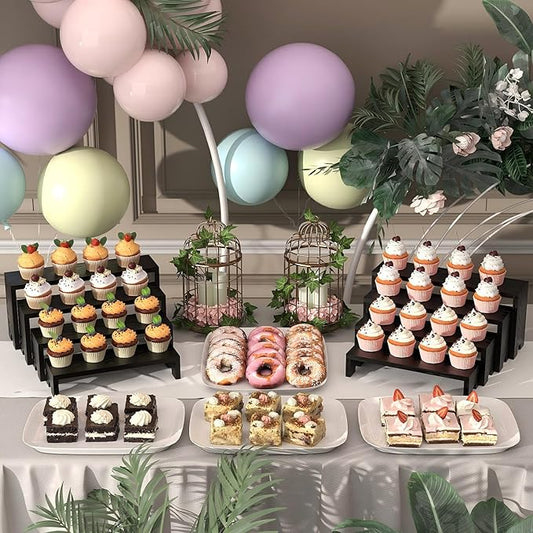 2 Set Large Black Wooden Tiered Riser Display Stands for Vendor Events,Stackable Wooden Cupcake Stand,Farmhouse Decor Wood Dessert Table Display Set,Vendor Booth Display Items,Food Display Risers for Party(12-11.2-10.4-9.6IN)
