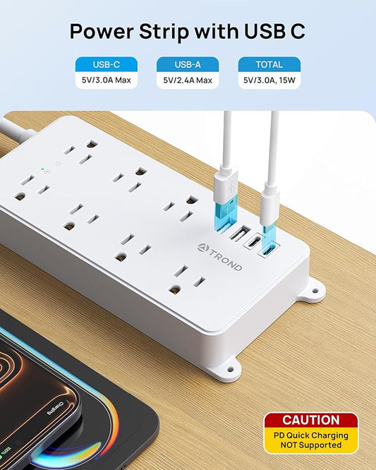 TROND Power Strip Surge Protector, 7 Widely Spaced Outlets with 2 USB A and 2 USB C, ETL Listed 1700J, Wall Mount, Flat Plug 5ft Extension Cord 14AWG Heavy Duty, for Home, Office Garage, White
