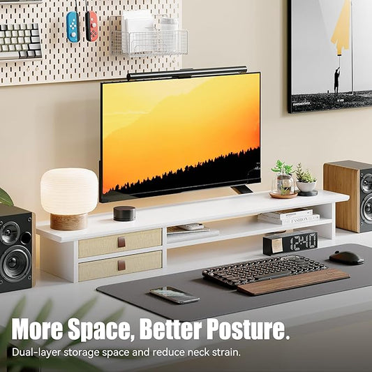 FENSULN Dual‑Tier Monitor Stand Riser with Drawers, Desktop Organizer Shelf Storage for Computer Screen 2 Monitors, Supports for PC Computer Monitor, Printer, Heavy TV Riser White