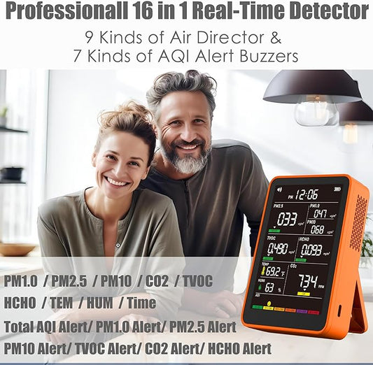Professional Indoor Air Quality Monitor with AQI Alarms, Portable Real-Time Detector for Home Cars Plants and Pets (Amber Orange)