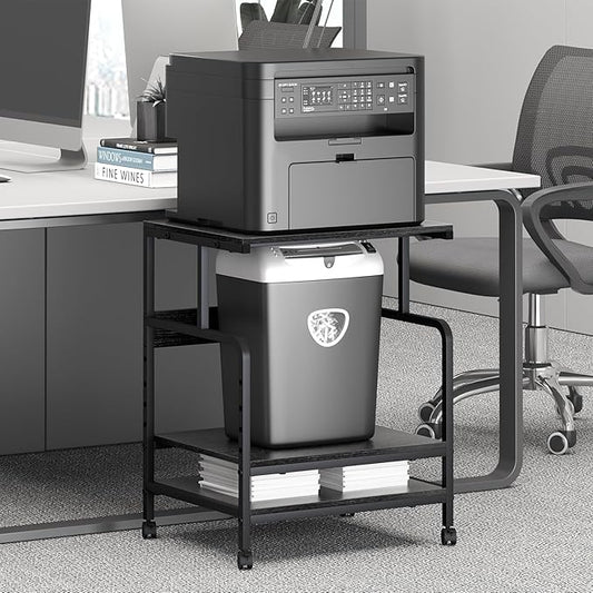 Arbuxzuy Large Printer Stand with Storage Shelf, 23.6" W x 18.9" D Printer Cart with Wheels, 3 Tier Mobile Printer Table for Home Office,Stands for Heat Press Scanner Fax (Black)