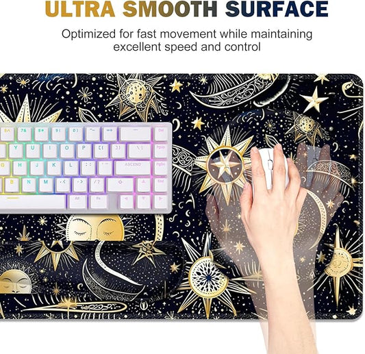 Gaming Mouse Pad, Large Desk Mat, Cute Desk Pad Protector, 4in1 XXL Mousepad + Keyboard Wrist Rest+Mouse Wrist Rest+Coaster Set with Ergonomic Desk Pad for Home Office PC Computer, Stars and Moon