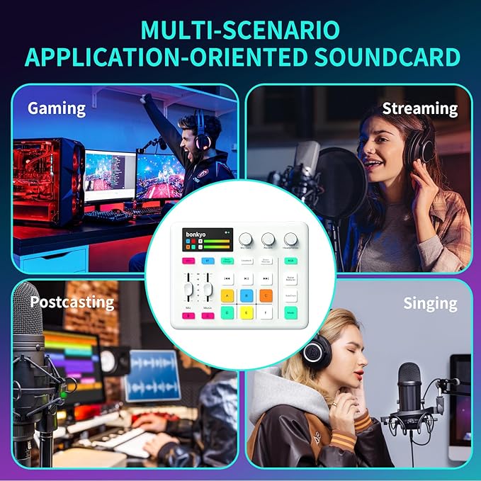 Bonkyo Gaming Audio Mixer & USB Interface with XLR Microphone, Bluetooth 5.0, RGB Effects, 48V Phantom Power, Voice Changer, G1 Sound Card for PS5, TikTok Live Streaming, Podcasting(White)