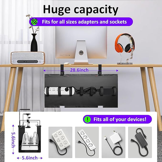 Cotohim Under Desk Cable Management Tray - Under Desk Cord Management - Clamp/Screw Mount - Fabric Wire Management - Cable Raceways Tray Cord Hiders for Office/Home (Black, 28.6"×5.6")