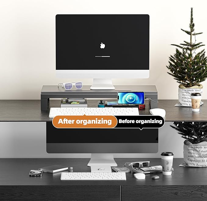 GECKOSTROLL Computer monitor stand Laptop Desk Shelf & Monitor Riser ,21.6 inches,22W charging , 2 USB 3.0 , and 1 USB 2.0, Monitors/PC/Laptop/Computer Space Saver Organizer ,Heavy Duty Gift Gaming Studio Office (USB Hub Fast Charging Version, 550mm)