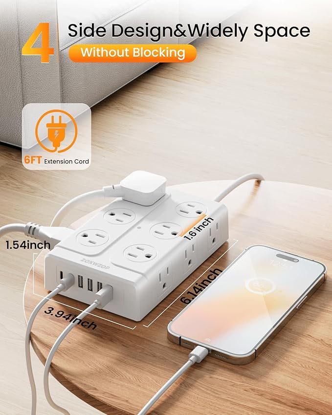 Zoxwzop Surge Protector Power Strip - 12 Outlets(1850W/15A) 6 USB Ports(2 USB C, 6FT Flat Plug Extension Cord, Wall Mount Multi Plug Outlet Extender, ETL Listed for Home, Dorm Room