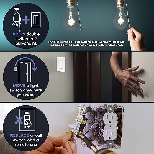 RunLessWire 3-Way Fan & Light Battery-Free DIY Kinetic Wireless Light Switch Kit for Bathrooms & Ceiling Fans: 2 Dual Remote Switches, Both Control 2 5A On/Off Receivers Separately – Brown