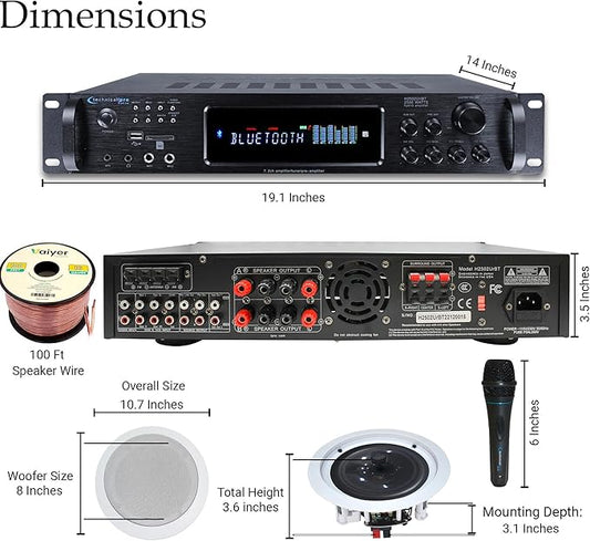 Home Stereo System Kit – 7.2 Channel 2500 W Bluetooth Amplifier w/ 4 Qty of 8” Framed Ceiling Speakers 300 W Each, Mic, 200 ft Speaker Wire & Remote Ideal for Home, Office, Restaurant by Vaiyer