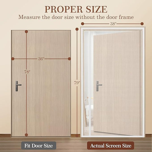 Yotache White Reversible Left Right Side Opening Magnetic Screen Door Fits Door Size 36 x 78, Top Middle Anti-Tearing Net Curtain, Actual Screen Size 38" x 79"